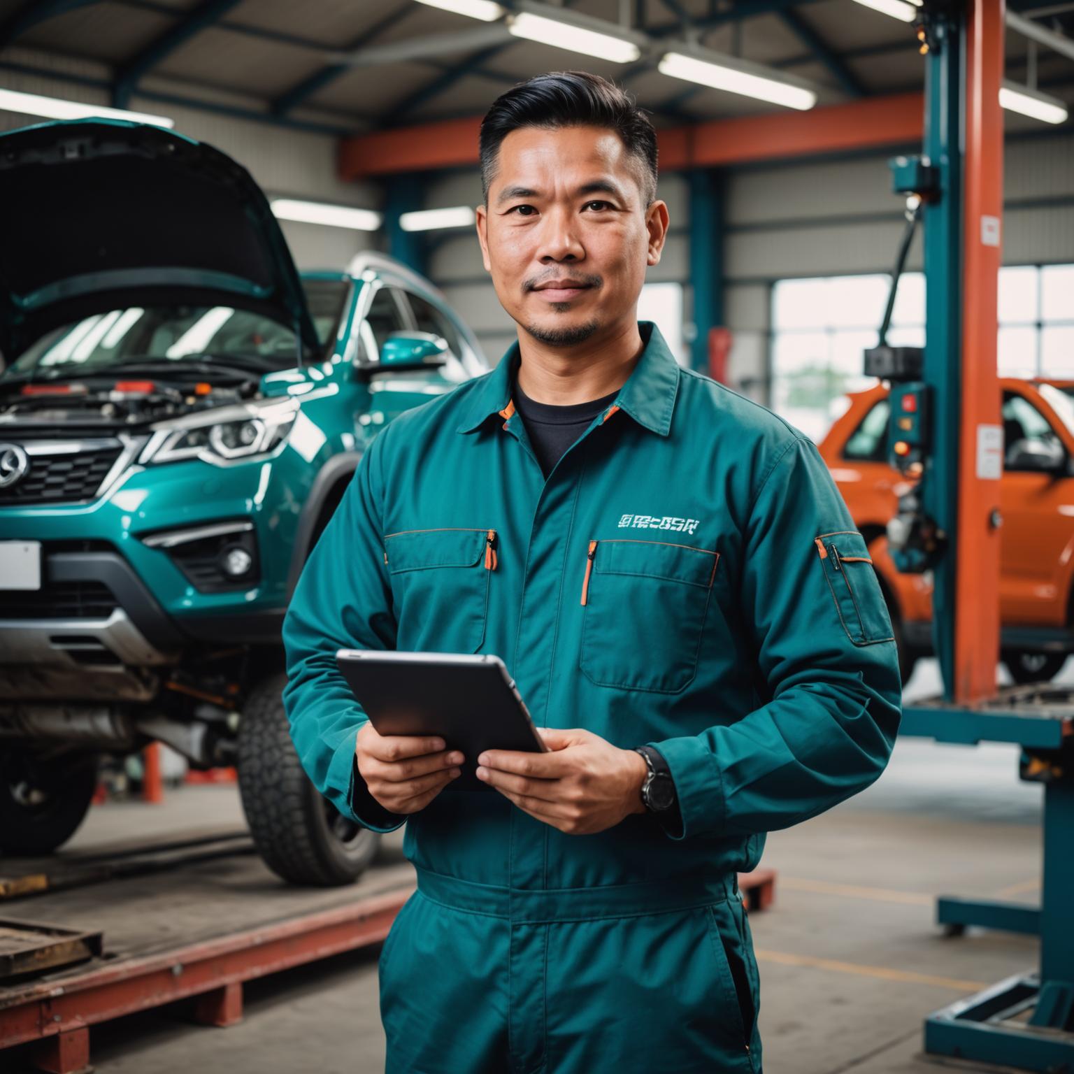Lead mechanic Hafiz Razali holding a diagnostic tablet