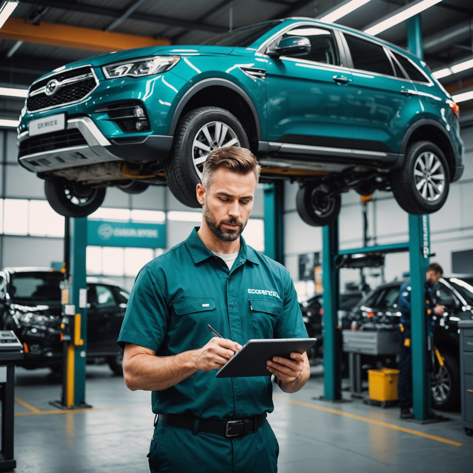 Mechanic running a multi-point inspection checklist on a customer car